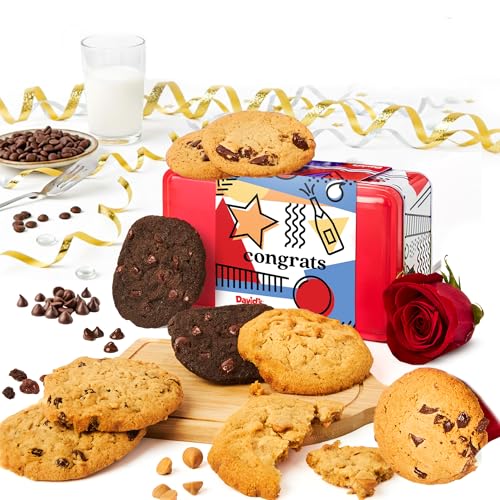 David’s Cookies Congratulations Assorted Cookies Gift Sampler Tin – 8 Fresh Baked Gourmet Cookies in Chocolate Chunk, Peanut Butter Chip, Double Chocolate Chunk &amp; Oatmeal Raisin – Bakery Dessert Gift