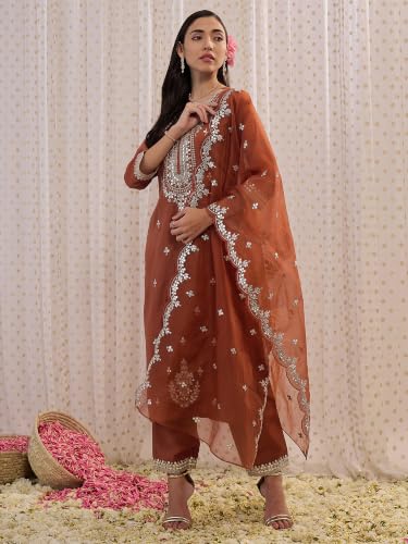 Image of INDO ERA Women's Silk Blend Embroidered Zari Work Straight Kurta & Pant Set | Cord Set For Women