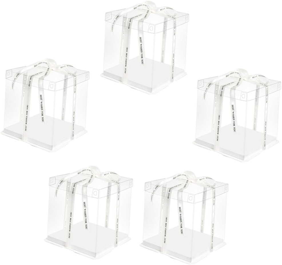 SAFIGLE 5pcs 8-inch High Cake Packing Boxes Square Single Layer Baking Cake Storage Containers with Random Ribbon for Birthday Party Packaging