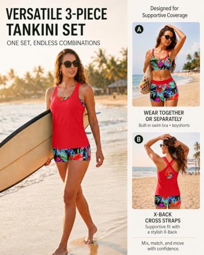 Image of Women's 3 Piece Tankini Swimsuit Tummy Control Bathing Suit with Boy Shorts