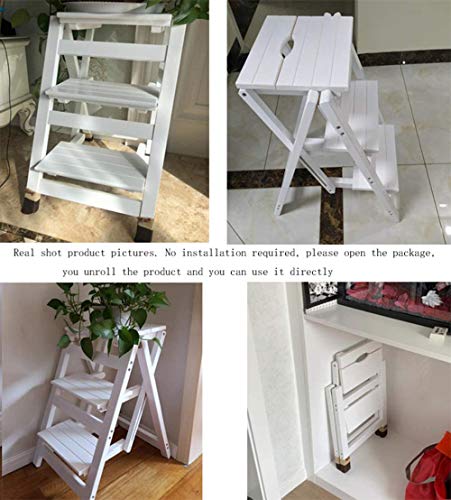Folding Ladder Staircase, Multi-Functional Folding Solid Wood Ladder Stool, Step Stool Household Muliti-Color Stool Step Ladder Foldable Stepladder (White, 3)