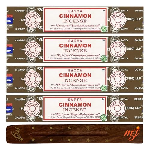 Original Satya Nag Champa Cinnamon Incense Sticks | with M&J incense sticks holder | x4 pack | for Aromatherapy, Spa, Yoga, Weddings, Meditation, Healing, Positivity and Relaxation