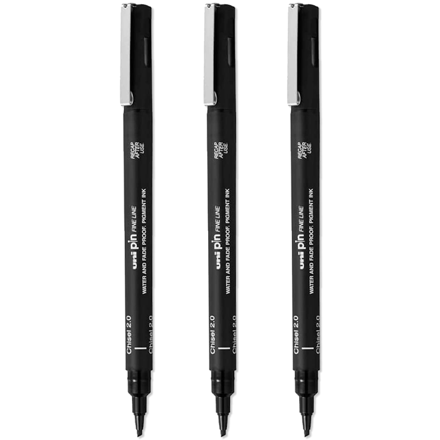 Uni Pin Fineliner Drawing Pens - Chisel Nibs - Black Ink - 2.0mm Nib - Pack of 3