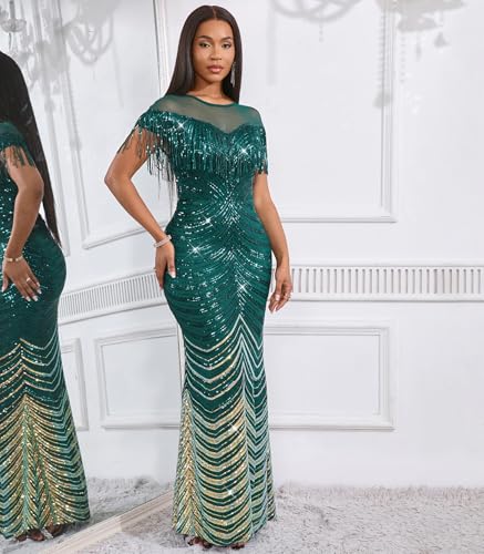 Image of Cololura Sexy Sequin Tassel Mesh Perspective Party Cocktail Bodycon Evening Club Maxi Dress