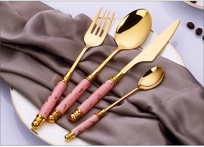 Silverware Flatware Set, 4/16/24/32/40/48 Pcs Ceramic Handle Stainless Steel Cutlery Creative Marble Crack Emerald Steak Knife Fork Spoon Dessert Spoon(White,24 Pieces for 6)