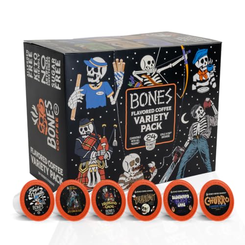 Bones Coffee Company Variety Flavored Coffee Pods, Blueberry Pancake, Dark Chocolate, Churro, Butterscotch Caramel, Hazelnut, French Vanilla Bones Cups, Compatible with 1.0 & 2.0 K-Cups Brewers, 24 Count