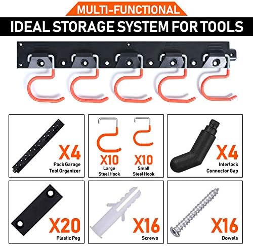 Chasehill Garage Tool Organizer Kit , 64 Inch Wall Mounted Adjustable Storage System, Tools Wall Holders, Home Garden Tool Hanger for Rake (4 Rails, 20 Hooks,20 Pegs)