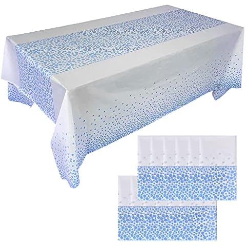 Just Shimmer 12 Pack Blue Dot Confetti Tablecloth 54" x 108" Wedding Plastic Disposable Table Cloths with Table Runner Decorations for Event Dining Birthday Baby Shower Anniversary Party Cover