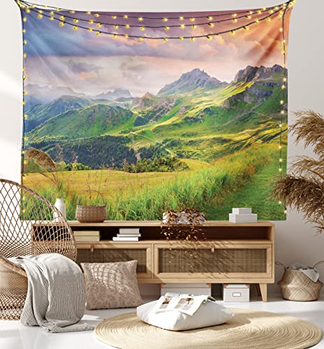 Ambesonne Mountain Tapestry, Summer Landscape Of Italian Alps At Sunset Tranquil Calm Meadow Idyllic Spot, Wide Wall Hanging For Bedroom Living Room Dorm, 80" X 60", White Green #TOP6