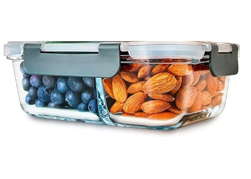 Checkmart Meal Prep Glass 2 Compartment Container with Airtight SnapLock Lids - Portion Control Food Storage - BPA Free - Microwavable, Dishwasher, Freezer and Oven Safe