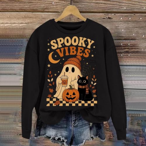 GAHIEDIM Halloween Costume Womens Halloween Sweatshirt,Ghost Pumpkin Graphic Sweatshirt Spooky Season Black Large - image 4