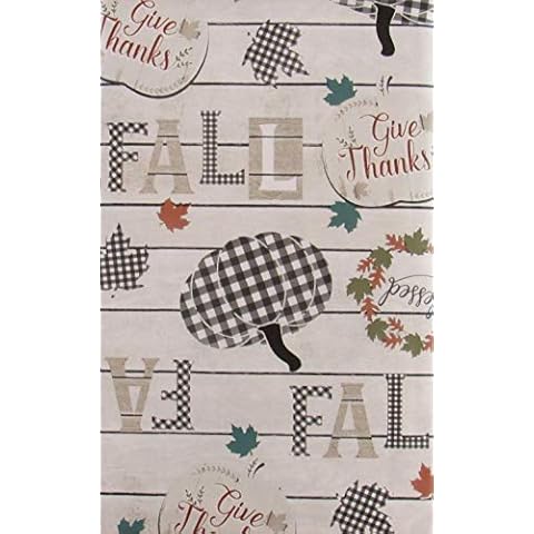 Bountiful Harvest Give Thanks Fall Collection on White Wood Vinyl Flannel Back Tablecloth (52" x 70" Oblong) Cover