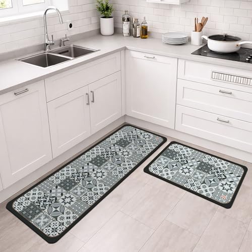 Image of Luxe Home Kitchen Mat Combo Geometric Design Standing Desk Floor Mat Non Slip Kitchen Rugs, Comfort Runner Floor for Home Office, Sink & Laundry - Grey (116x36 & 58x36 cm PC-2)