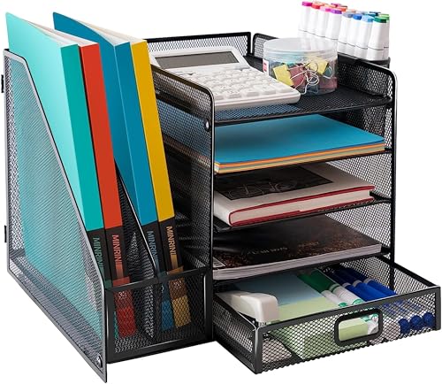 ALTOS OFFICE AND HOME Organizador de escritorio de malla metálica con 1 cajón deslizante, 5 bandejas horizontales y 2 secciones verticales, con 2 espacios para lápices y accesorios.