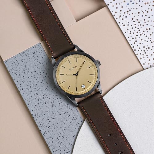 Image of Titan Minimalist Timeless Style Quartz Analog With Date Champagne Dial Dark Brown Leather Strap Watch for Men - NP1806NL02