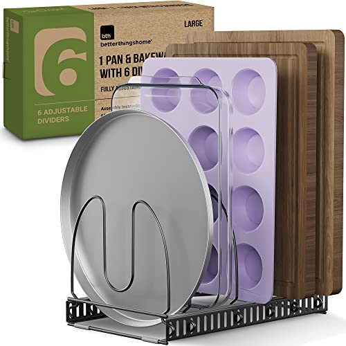 Better Things Home Compact Pan & Pot Lid Organizer Rack with 6 Adjustable Dividers | Steel Single Rack for Kitchen Cabinet, Drawer & Pantry – Deep U-Shaped Dividers, No Assembly Needed