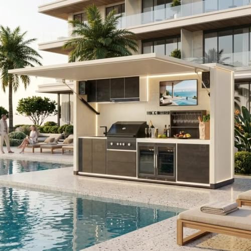 Modular Outdoor Kitchen with Concealed Ambient Lighting Under Front Panel & Built-In Refrigerator Oven Cabinet, Durable Prefab Outdoor Kitchen Kits for Lawn Space Weekend Cooking