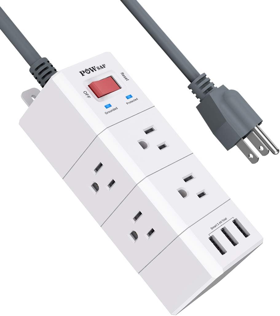 Power Strip, POWSAF Surge Protector with 6-Outlet(3-Sided) and 3 USB Ports(5V/3.4A, 17W), 5-Ft(1250W/10A) Extension Cord, White