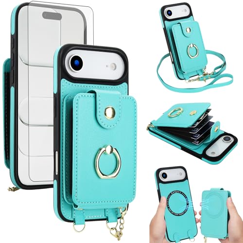 Phone Case for iPhone 17 Air Magnetic Wallet Detachable and Screen Protector Ring Kickstand Crossbody Lanyard Strap Compatible with MagSafe RFID Blocking i Phone17 i17 17Air for Women Men Teal
