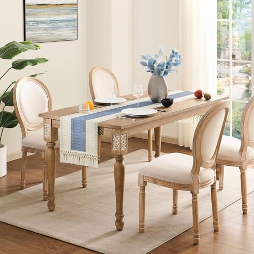 Image of ZeeMart Macrame Style Bicolor Stitching Table Runner, 14 x 48 Inch Blue /Ivory, Boho Blue Table Runners 48 Inches Long, Farmhouse Woven Home Decor