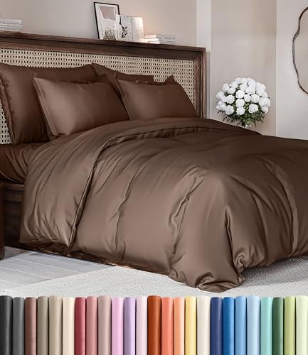 Image of Duvet Cover Full Size Set - Extra Soft Full Duvet Cover 80 inch x 90 inch with 2 Pillow Shams for Women, Men, Kids & Teens - Hotel Luxury, Easy-Care w / Zipper Closures & Ties - Comfy and Breathable (Brown)
