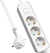 EXTRASTAR Flat Plug Multiple Socket 3-Way Power Strip Flat Plug with Push Button Switch 1.5 m Cable for Office and Home White + Grey