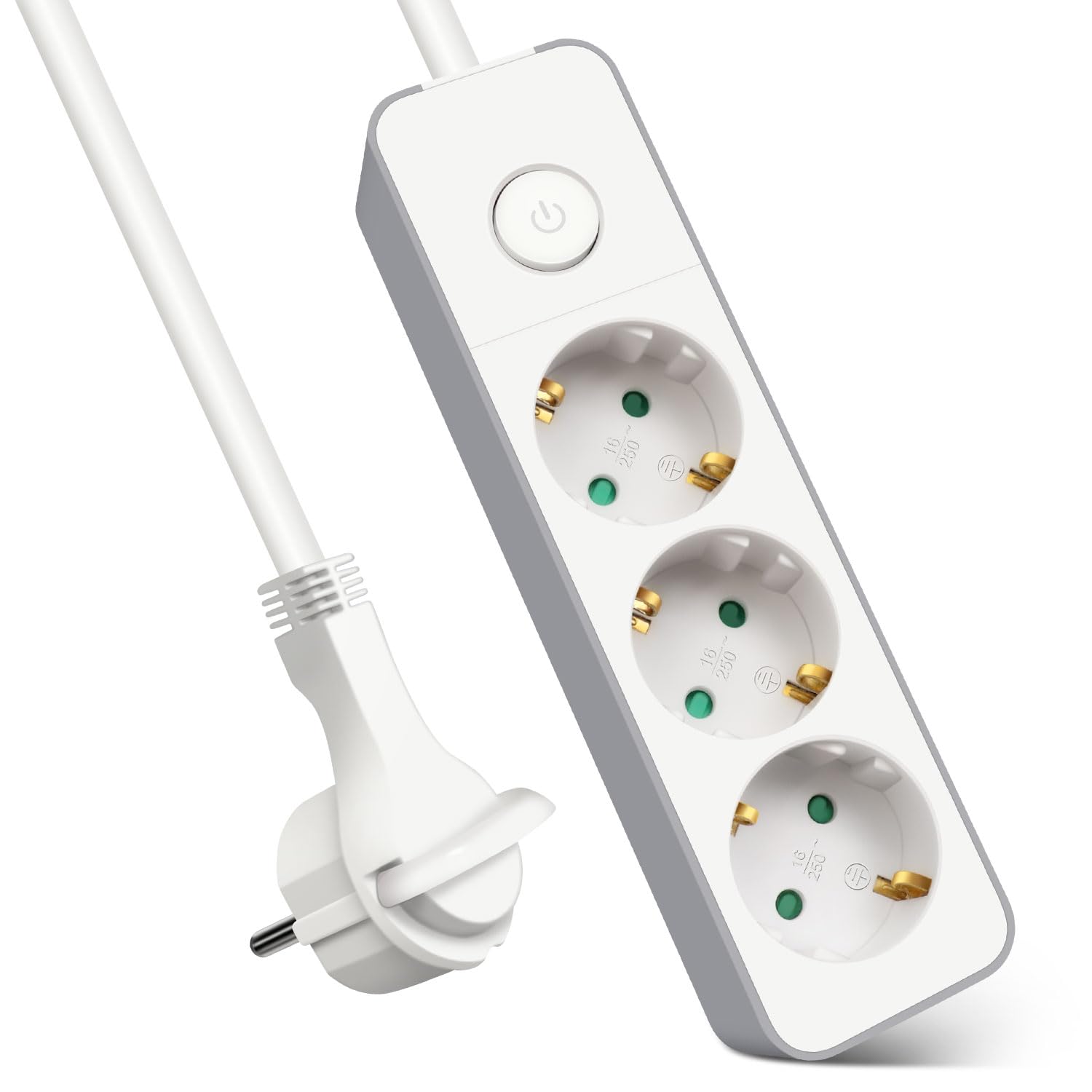 EXTRASTAR Flachstecker Mehrfachsteckdose 3-Fach, Steckdosenleiste Flacher Stecker mit Druckknopfschalter, 1.5m Kabel für Büro und Zuhause, Weiß + Grau