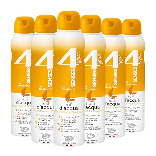 4 YOUR SENSES | Deodorante per Ambiente Spray, Formula Dry 24h con Molecola Anti-Odore, Utilizzabile sulle Superfici di Arredo, Frutti d'Acqua, 6x250 ml