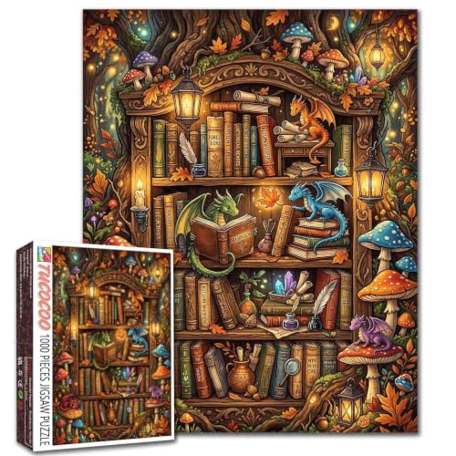 Magic Bookshelf Forest Jigsaw Puzzle 1000 Pieces Puzzles for Adults, Dragon Library Puzzles for Challenging Family Activity Games Autumn Mushroom DIY Puzzle for Wall Decor - 19.7 x 27.6 Inches