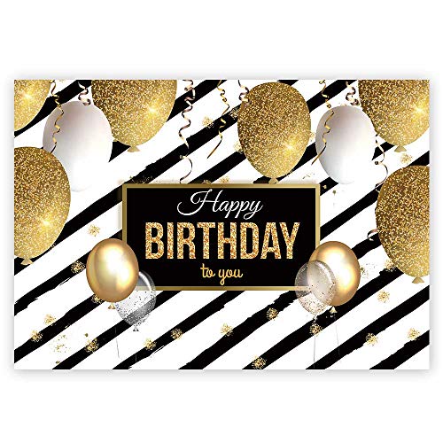 Funnytree 7x5ft Gold Happy Birthday Party Backdrop Black Stripes Shiny Glitter Party Decorations Photography Background Golden Balloons Sparkle Glamour 30th 40th 50th 60th Photo Booth Banner