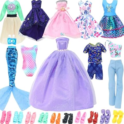 BLIJOLA Doll Clothes and Accessories Fashion Pack 24Pcs, Wedding Gown Casual Dresses Daily Tops Pants Outfits Party Dresses Sequins Mermaid Tail Swimsuit and Shoes for 11.5 inch Girl Doll(Style A) Cover