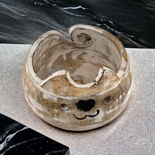 Image of Wooden Yarn Bowl for Crocheting Handmade Wool Storage Yarn Bowl with Holes Knitting Gifts for Women Crochet Accessories (5 inch x 3 inch - White)