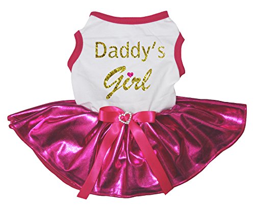Petitebella Daddy's Girl Puppy Dog Dress (White/Bling Hot Pink, Medium)