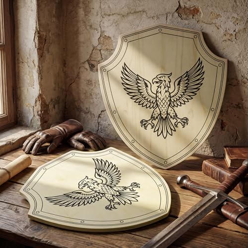 Shappy 2 Pack Medieval Knight Shields DIY Coloring Wooden Knight Shields, Medieval Toy Prop with Eagle Design, Lightweight Role Play Shield with Handle Creative Art Craft, 13 x 11 Inch