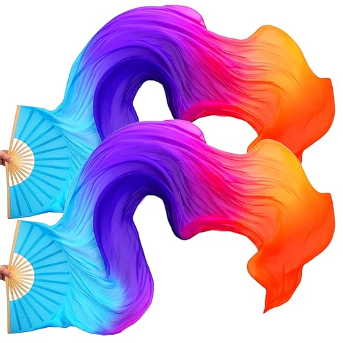 2 PCS Women Belly Dance Fans Handmade Faux Silk Fans Colorful Long Streamers Veil Fan Professional Chinese Bamboo Foldable Fan for Dancing Performances