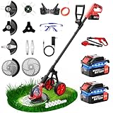 20000RPM Electric Weed Wacker Cordless with Wheel, 6000mAh Electric Weed Eater Battery Powered,4-in-1 Brush Cutter/String Trimmer/Grass Trimmer/Edger Tool,Stringless Weed Trimmer Metal Blade,2 Battery