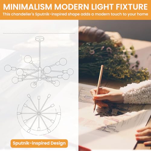 Image of ELEPHANTBOAT Modern Metal Chandelier Light Fixture,12-Light Modern Flush Mount Ceiling Light for Living Room,Iron Cast Ceiling for Bedroom Dining Room Office E27 Bubble Not Included