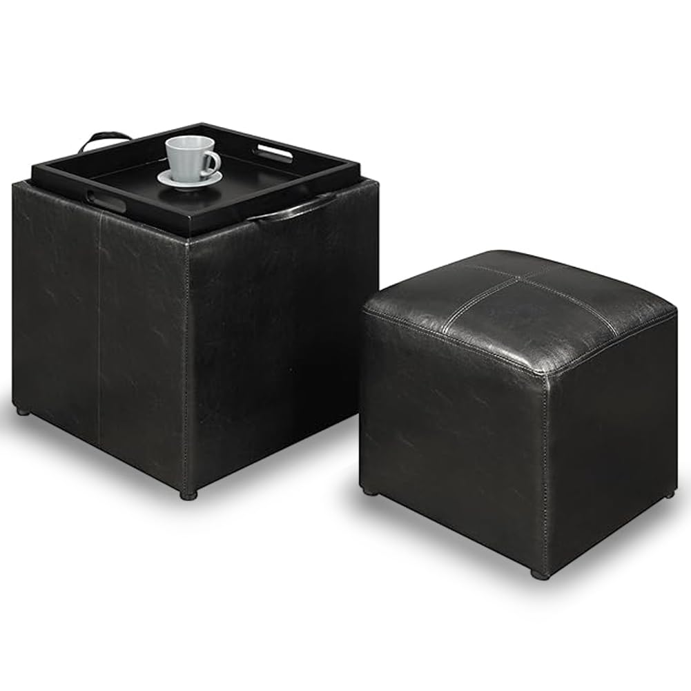 BAKAJI Lot de 2 poufs de Rangement en Simili Cuir de Couleur Noire avec Couvercle 2 en 1 Transformable Plateau de Service, Tabouret avec Compartiment Multi-usages, Rembourrage Confortable,