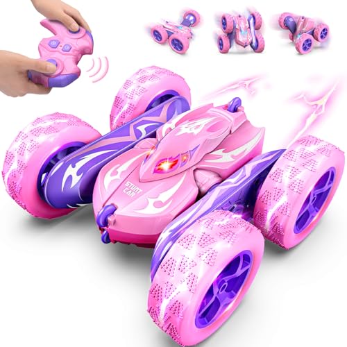 HappyGoLucky 360 Flips Girls Unicorn Remote Control Cars 15KM/H 2.4GHz Kids Girls Toys Age 3 4 5 6 RC Stunt Car Outdoor Garden Toys Birthday Presents Easter Gifts for 3-12 Year Olds Girls Pink