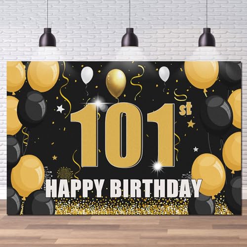 Happy 101st Birthday Backdrop Banner Black and Gold 101st Birthday Poster Sign 101 Years Old Background Photo Booth Props Decor, 6x4ft