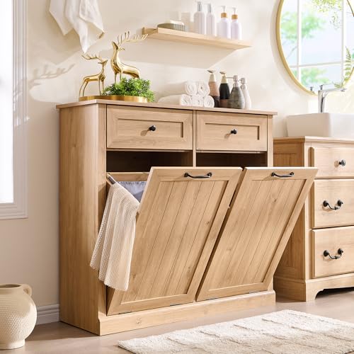 Image of IFGET Double Tilt Out Trash Cabinet, Wood Trash Can Cabinet, Natural