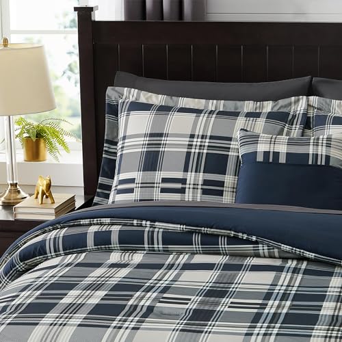 Image of MaiReve Full Size Comforter Set Navy Blue, Plaid Design Comforter Set 7 Pieces, All Season Comfortable Bedding Sets Full, Lightweight, Soft and Warm (Navy Blue, Full)