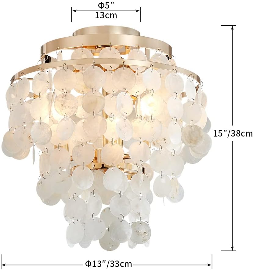 AGV LIGHTING Capiz Shell Ceiling Light Fixture, Semi Flush Mount Ceiling Light for Bedroom, Kitchen Lighting Fixture, Gold Ceiling Light