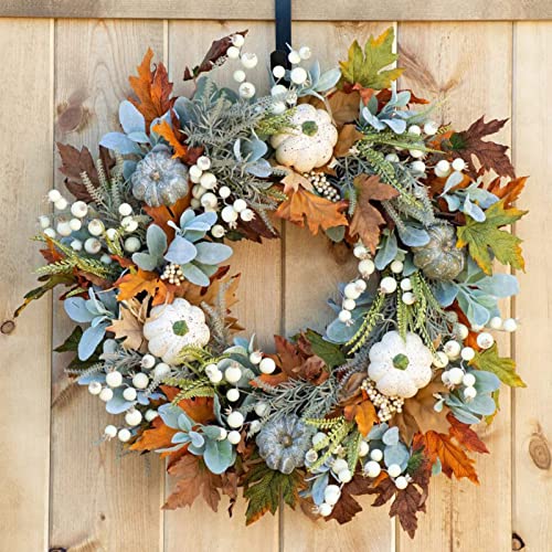 Fall Wreath for Front Door,Autumn Wreath with Maple Leaf,Pumpkins and Berries,White Artificial Pumpkins Wreath,Thanksgiving Wreaths,Maple Leaf Wreath for Window Wall Decor (45cm/17.72in) - Image 8