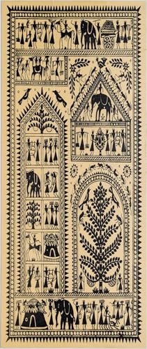 Image of Bhumee Creations Hand Printed Tribal Artwork on Tussar Silk (Black 2) | 22 x 10 Inch