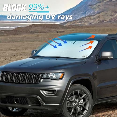 Image of Foldable Windshield Sun Shade for 2014-2025 Jeep Grand Cherokee SUV | Laredo Limited Trailhawk Overland Altitude Summit Sunshade Sun Visor Protector Blocks UV Rays Keep Your Car Cooler