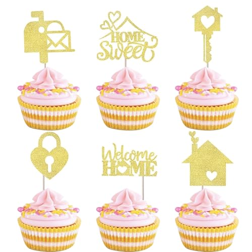 SYKYCTCY 24 Pack Sweet Home Cupcake Toppers Glitter Key Lock Housewarming Cupcake Picks New Home Theme Party Welcome New House Party Cake Decorations Supplies Gold