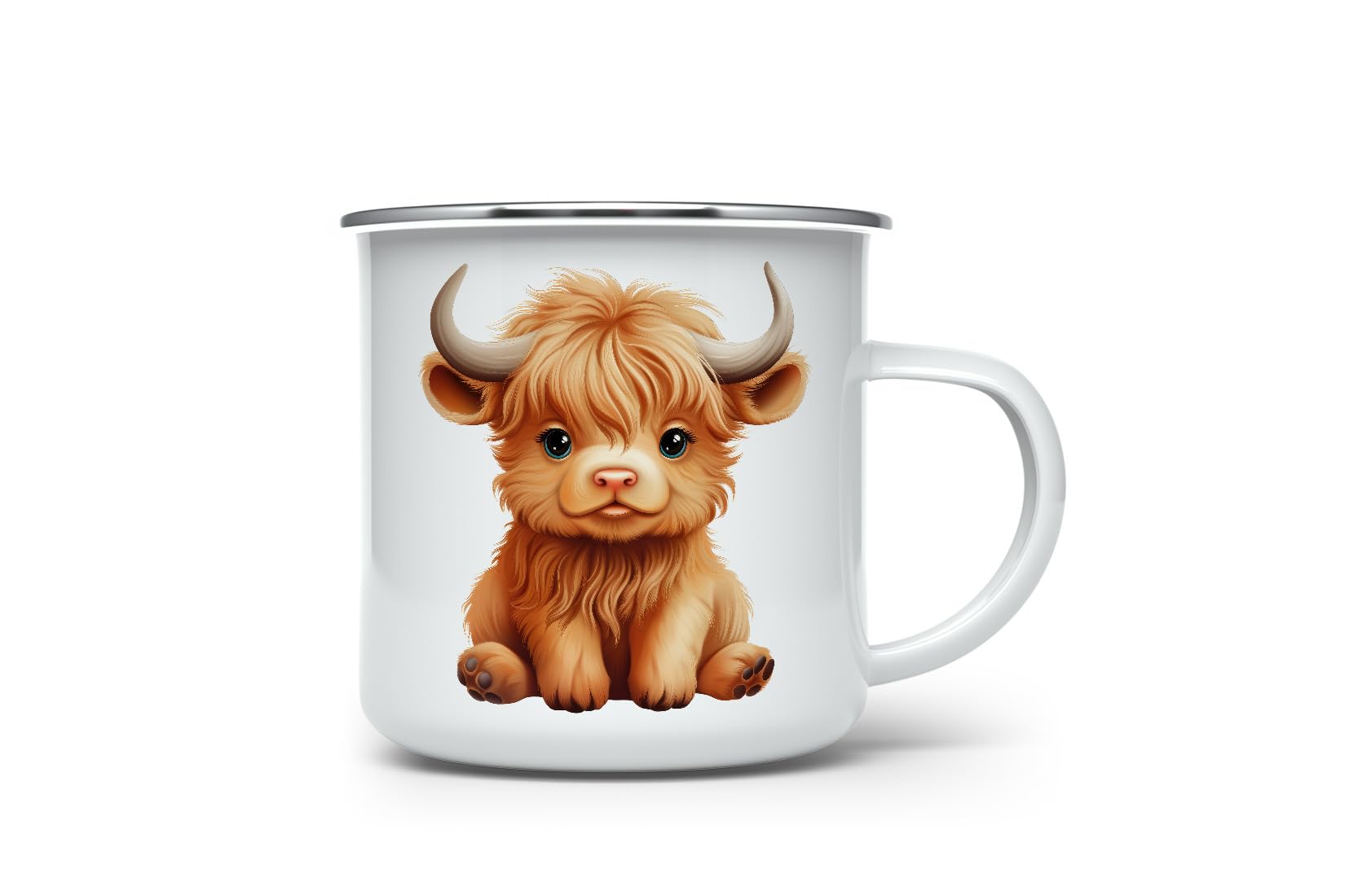 MAXIKIWI - Durable Enamel Coffee or Tea Camping Mug for Indoor Outdoor Use - Cute Highland Cow - 350ml
