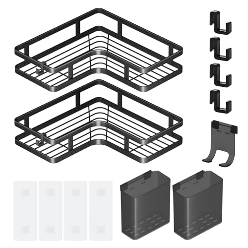 Estante de Esquina Ducha 2 Piezas Negro, Adhesivo Sin Taladrar, 26 cm, Carga Máxima 10 kg, Hierro Pintado Al Horno, Azulejo/Vidrio/Mármol, Con Ganchos y Porta Pasta de Dientes