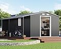 Jocisland 12x12x6.6 FT Galvanized Metal Storage Shed with Open Firewood Bay, Sliding Doors & Ramp, 2 Windows & Vents, Weather-Resistant Outdoor Tool/Garden Shed, Dark Grey/White